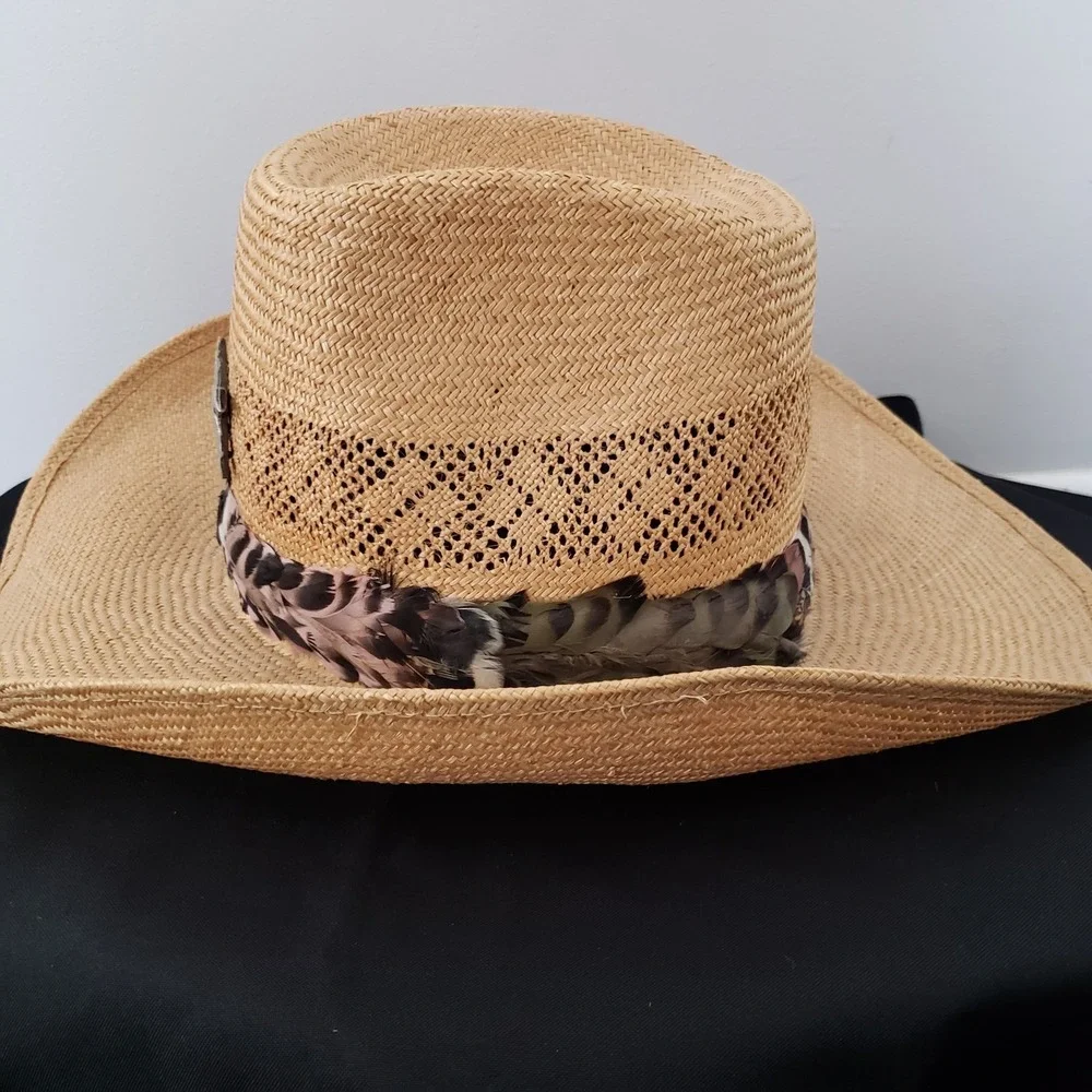 Vintage Adam Western 101 Corral Mens Straw Cowboy Hat SZ 7 Ranch Feather Band